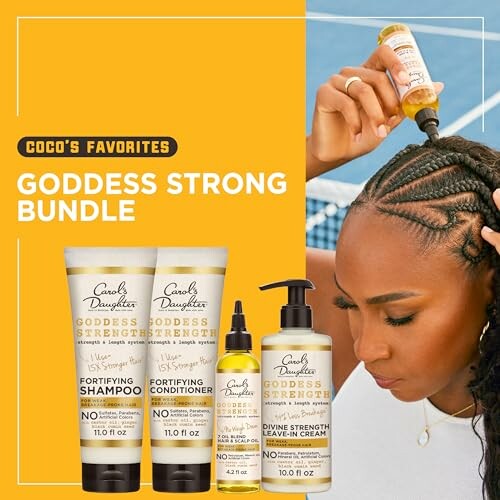 Goddess Strong Bundle hair care products with woman applying oil to braided hair.