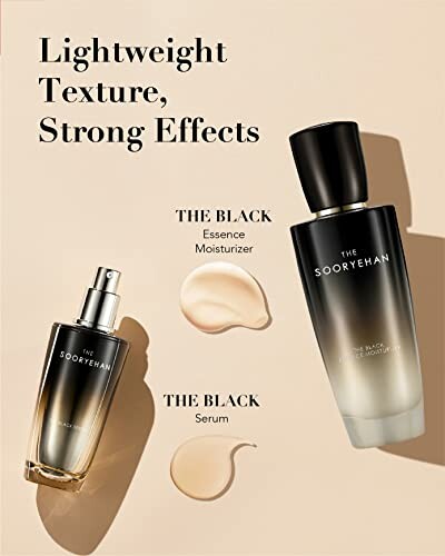 Two skincare bottles labeled 'THE BLACK Essence Moisturizer' and 'THE BLACK Serum' with product samples.